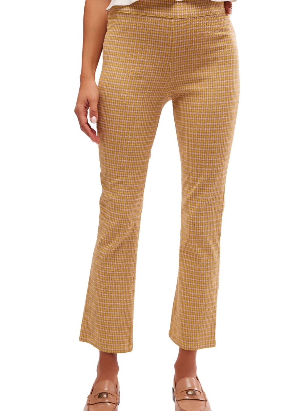 Free People Yellow Pink Plaid In My Feelings Pull-On Cropped Pants